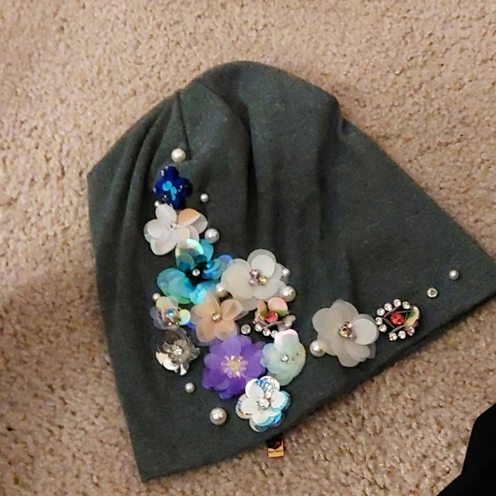 Army green hat with floral and pearl beading